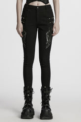 Black Studded Pleated Women's Punk Leggings